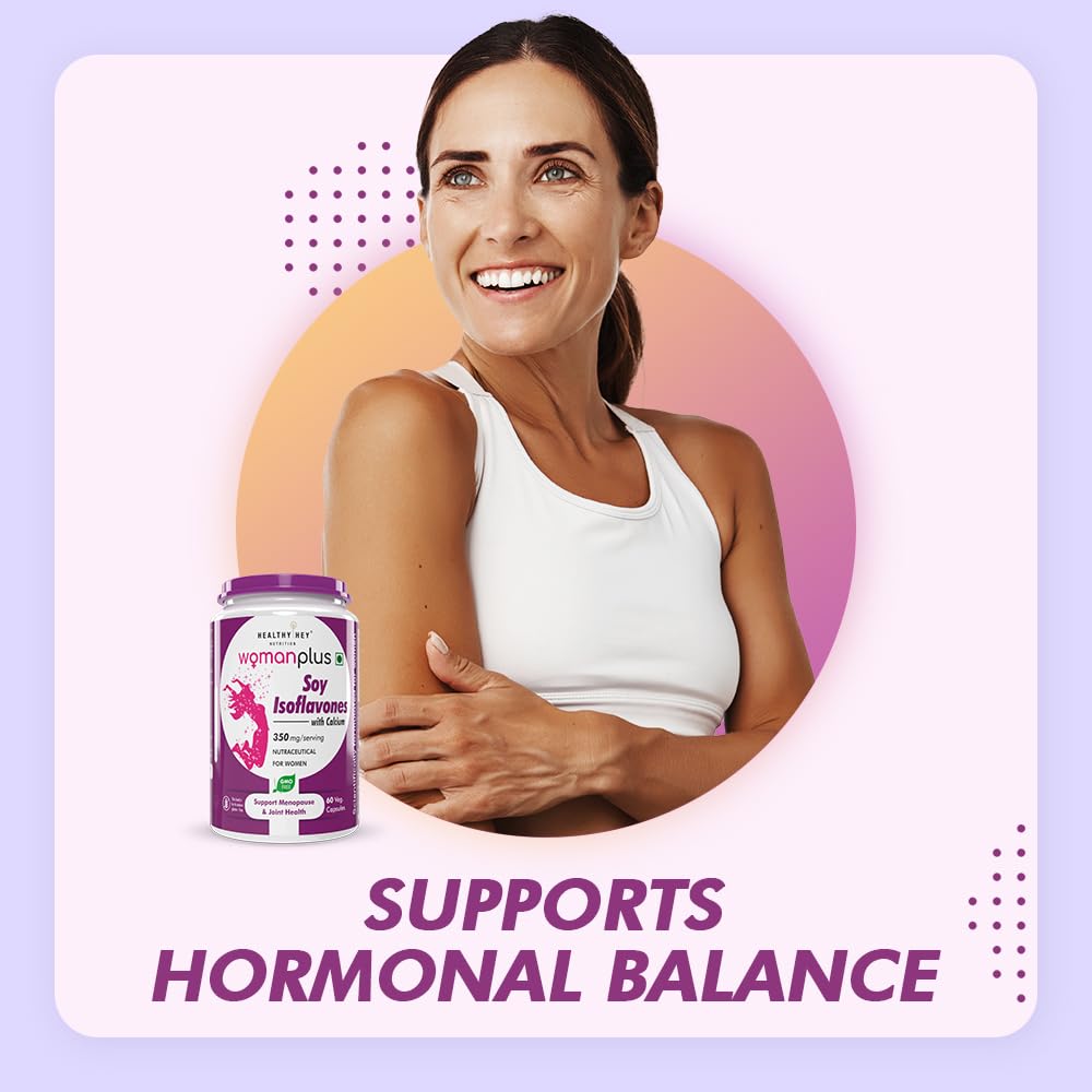 Woman holding a supplement bottle with text 'Supports Hormonal Balance' on a light purple background