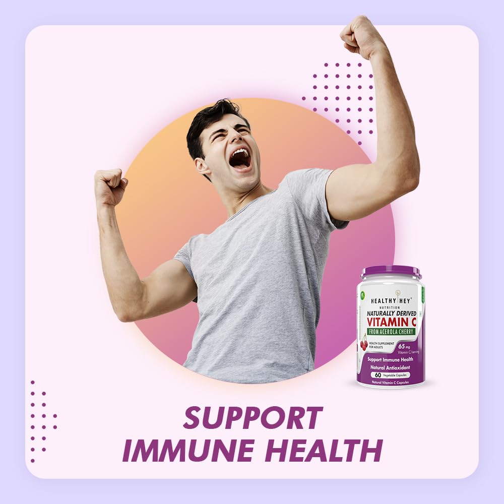 Person with arms raised next to a bottle of Healthy Net Vitamin C supplement on a colorful background