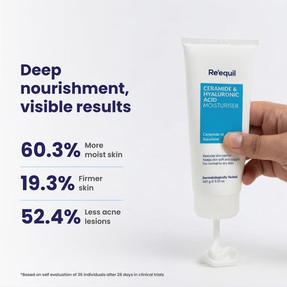 Hand holding a tube of Reequil moisturizer with skincare benefits displayed on a white background