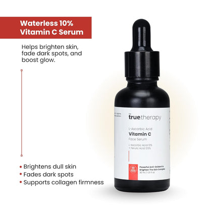 The True Therapy Vitamin C Serum for Glowing Skin, Skin Brightening Serum for Face with 10% L-Ascorbic Acid Face Serum, Fragrance Free – 30 ml
