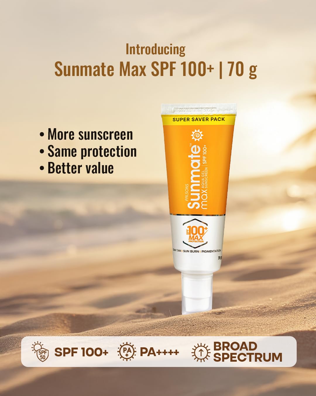 Sunmate Max Aqua Gel Sunscreen With SPF 100+ And PA++++ | For all Skin Types I Oil Free, Non-Greasy, No Sweat, No White Cast, Non Comedogenic Prevents Suntan, Sunburn And Pigmentation | 70 GM