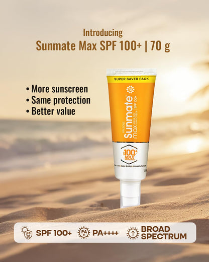 Sunmate Max Aqua Gel Sunscreen With SPF 100+ And PA++++ | For all Skin Types I Oil Free, Non-Greasy, No Sweat, No White Cast, Non Comedogenic Prevents Suntan, Sunburn And Pigmentation | 70 GM