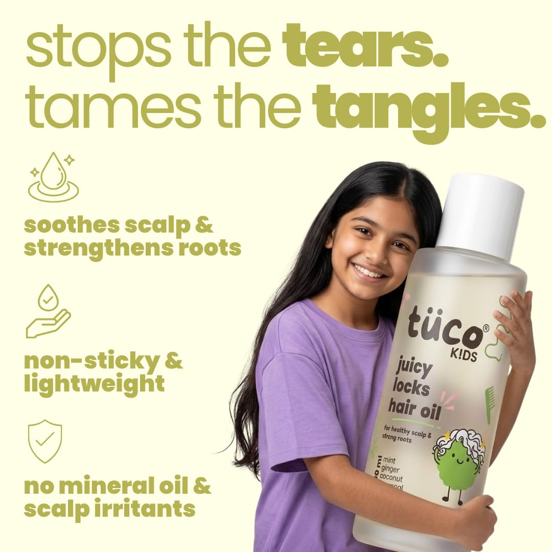 Girl holding a bottle of tüco kids hair oil with product features listed on a white background