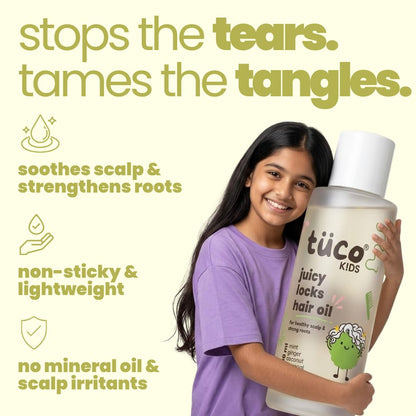 Girl holding a bottle of tüco kids hair oil with product features listed on a white background