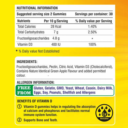 Nutritional information and ingredient label for gummy vitamins on a yellow background