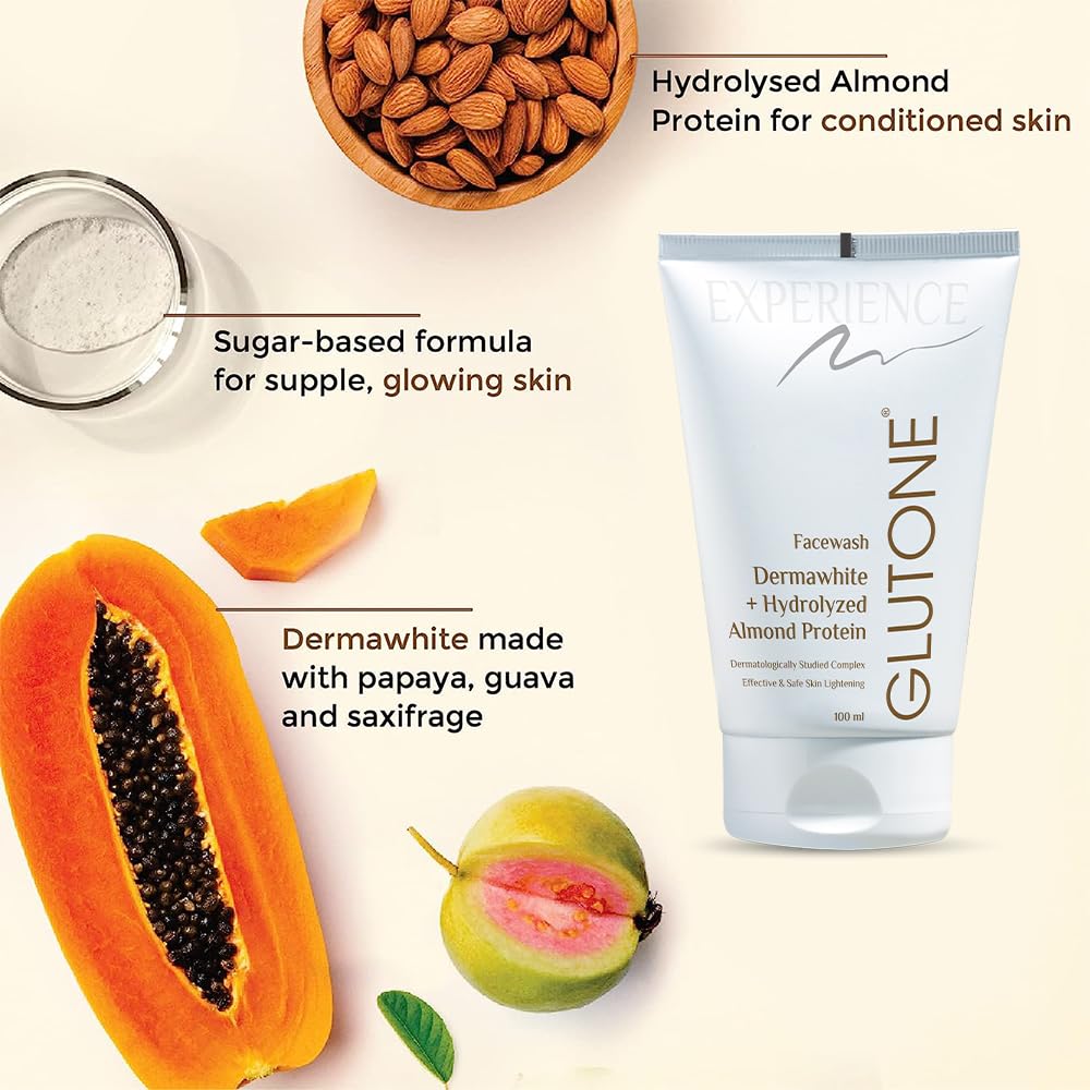Glutone skincare product with ingredients like almonds, papaya, and guava on a light background