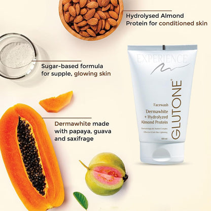 Glutone skincare product with ingredients like almonds, papaya, and guava on a light background