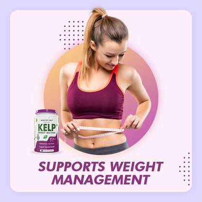 Woman measuring waist with Kelp supplement bottle, set against a light purple background