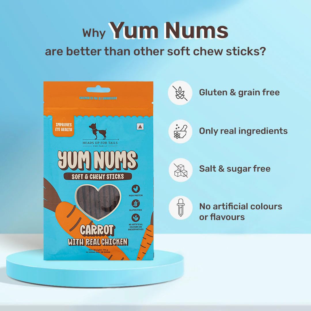 Yum Nums by HUFT Soft & Chewy Sticks - 70gm | Carrot with Chicken | Dog & Puppy Treats | Training Treats for Small & Adult Dogs | High-Protein, Soft & Tasty Snacks