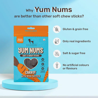 Yum Nums by HUFT Soft & Chewy Sticks - 70gm | Carrot with Chicken | Dog & Puppy Treats | Training Treats for Small & Adult Dogs | High-Protein, Soft & Tasty Snacks