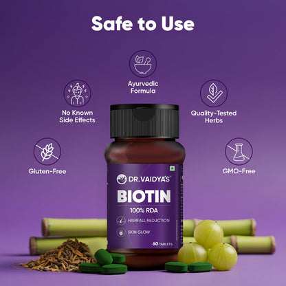 Dr. Vaidya’s Biotin Tablets for Hair Growth | Ayurvedic Hair Vitamins with Amla, Bhringraj & Bamboo Shoot | Natural Biotin Supplements for Hair Regrowth, Thinning Hair, Skin Glow & Stronger Nails (60 Tablets)