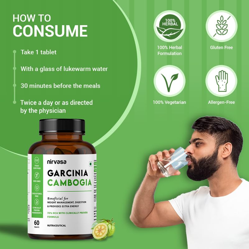 Nirvasa Garcinia Cambogia Tablets (800mg) with Green Tea | 70% HCA Weight Management Suppliment for Men & Women | 60 Tablets