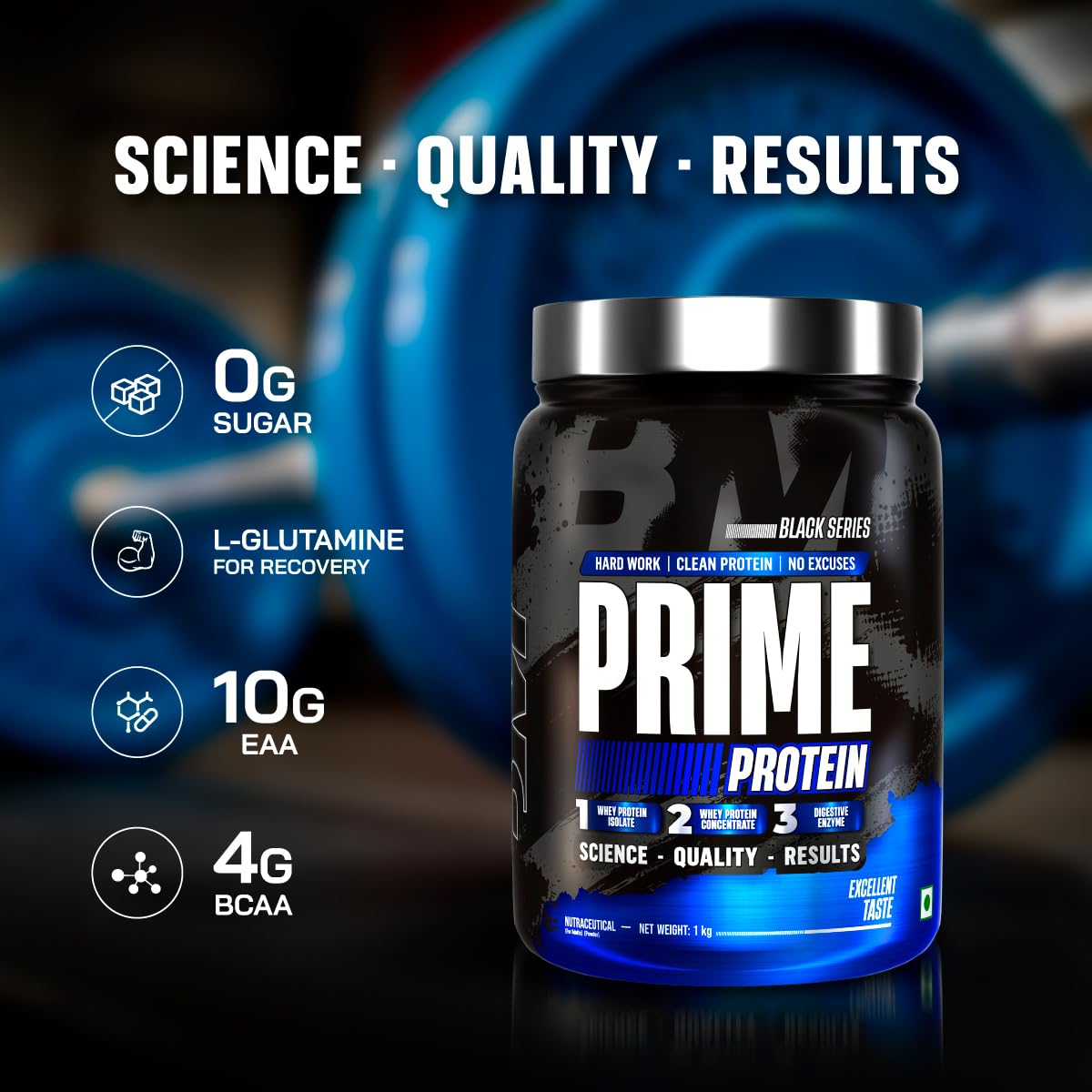 Protein powder container with nutritional information and branding on a dark background