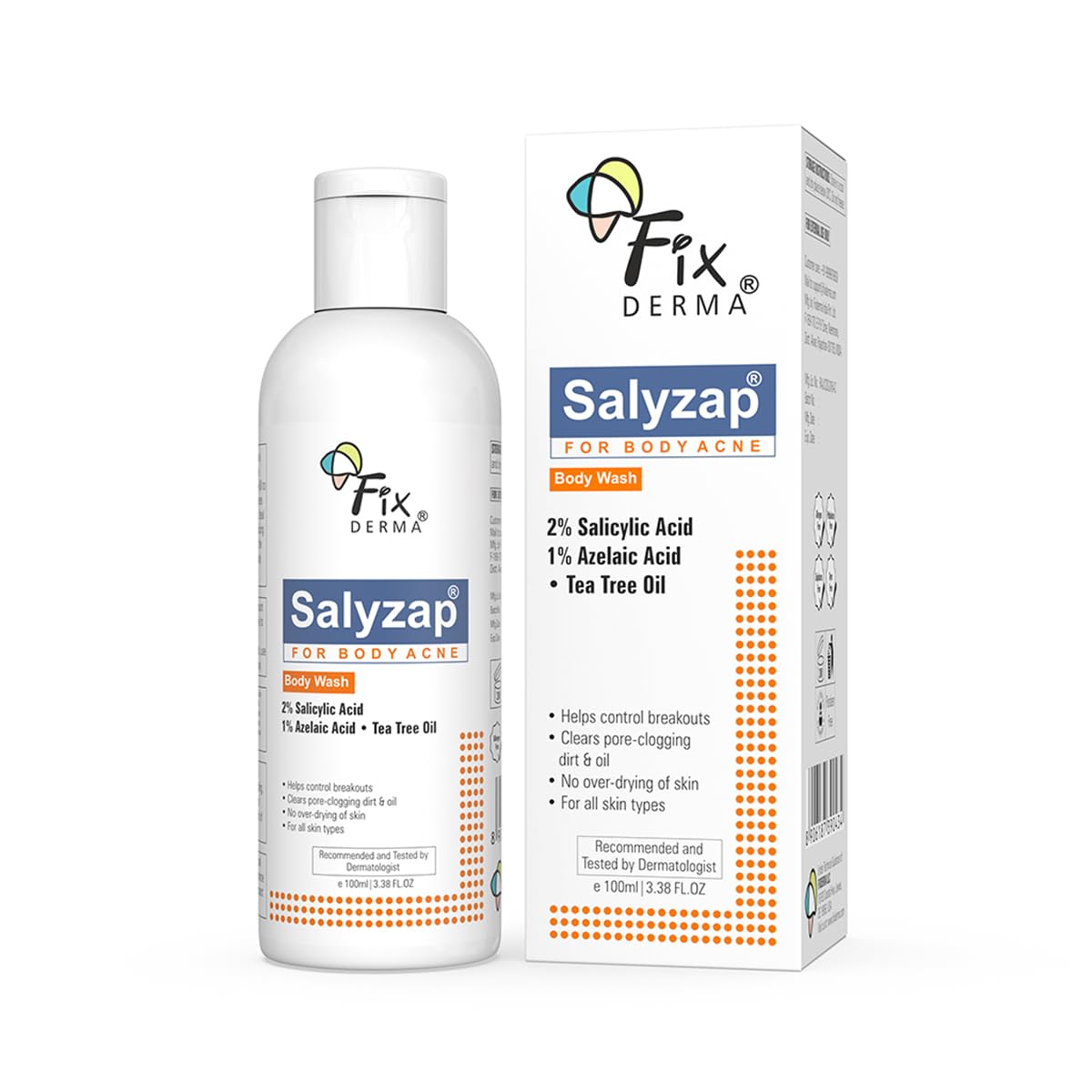 Fixderma Salyzap 2% Salicylic Acid Body Wash I For Acne, Anti Acne Body Wash on Back | Arms Suitable For Acne Prone Skin I Shower Gel For Women & Men I - 100ml
