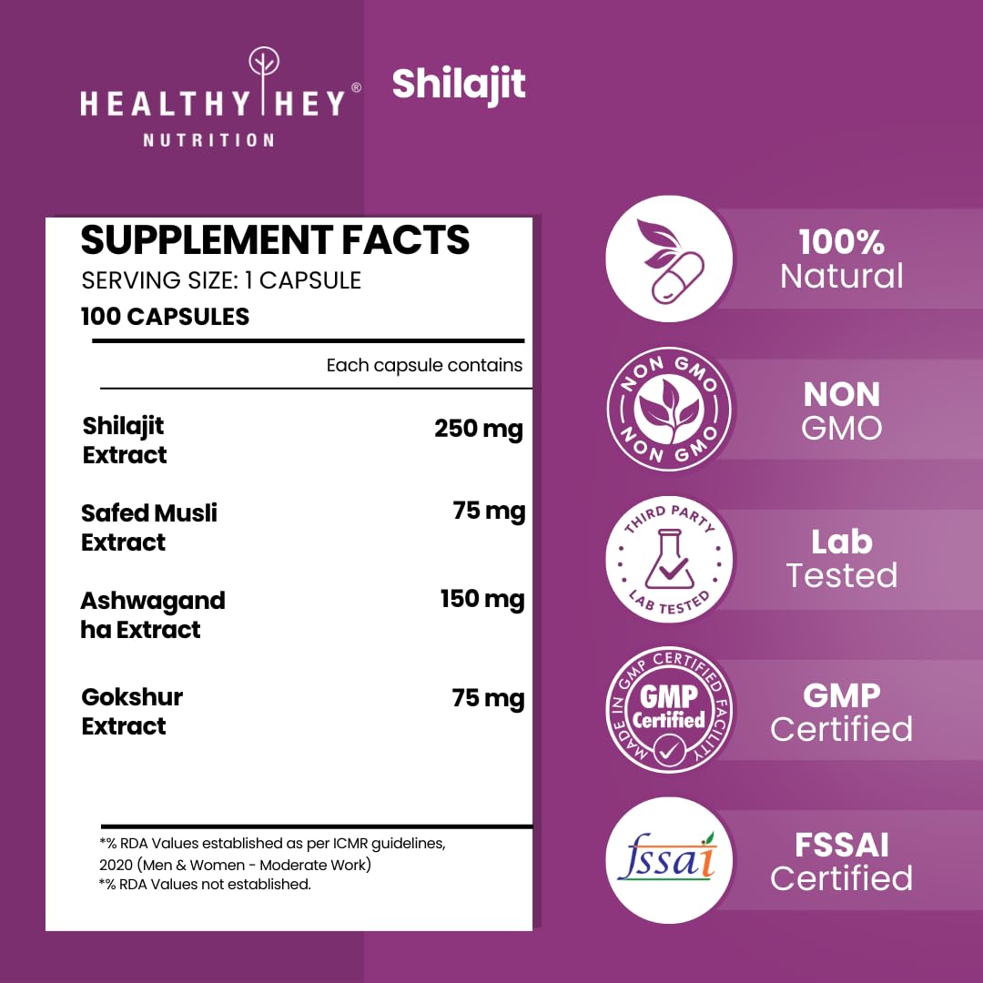 Supplement facts label for Shilajit by Healthy Hey Nutrition on a purple background with certification logos.
