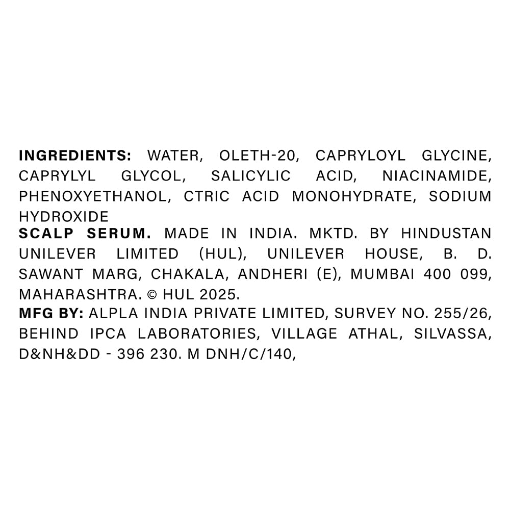 List of ingredients for a scalp serum with branding and contact information on a white background