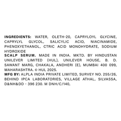 List of ingredients for a scalp serum with branding and contact information on a white background