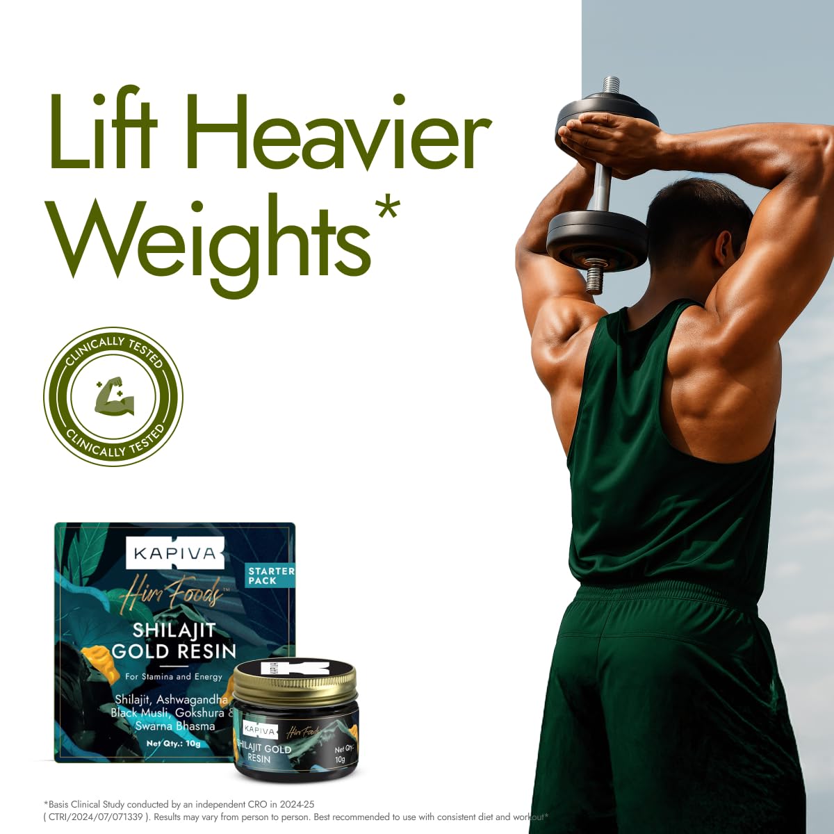 Man lifting weights with Kapiva Shilajit Gold Resin products displayed.