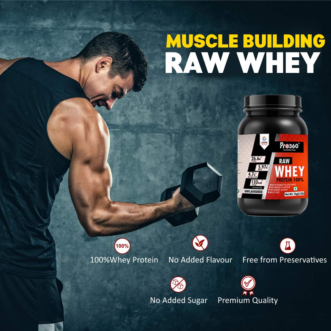 Pro360 Raw Whey Protein 100% Whey with Digestive Enzymes, 26.6g Protein, 5.97g BCAA, 4.7g Glutamic Acid per Serving) - No Added Sugar, No Fillers - Unflavored (1kg pack)
