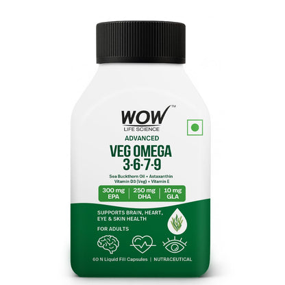 WOW Life Science Advanced Veg Omega 3-6-7-9 | Plant-Based EPA & DHA from Algal Oil + GLA from Evening Primrose | Sea Buckthorn Oil + Astaxanthin + Vitamin D3 (Veg) & Vitamin E | Brain Focus, Heart Health, Eye Support, Skin Hydration | 60 Capsules