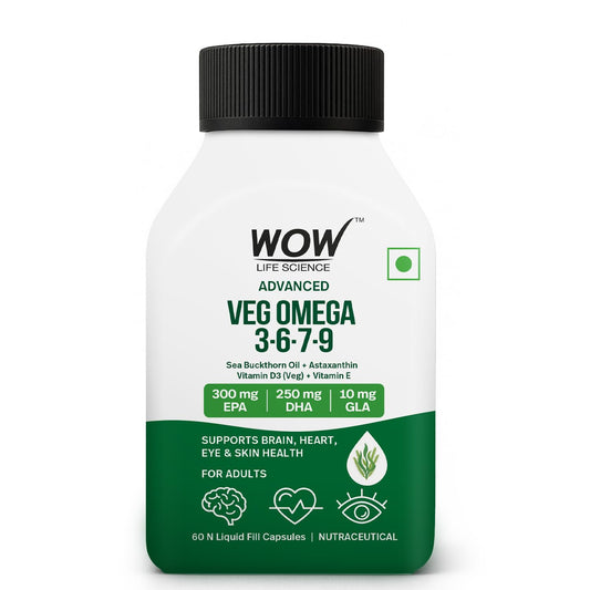 WOW Life Science Advanced Veg Omega 3-6-7-9 | Plant-Based EPA & DHA from Algal Oil + GLA from Evening Primrose | Sea Buckthorn Oil + Astaxanthin + Vitamin D3 (Veg) & Vitamin E | Brain Focus, Heart Health, Eye Support, Skin Hydration | 60 Capsules