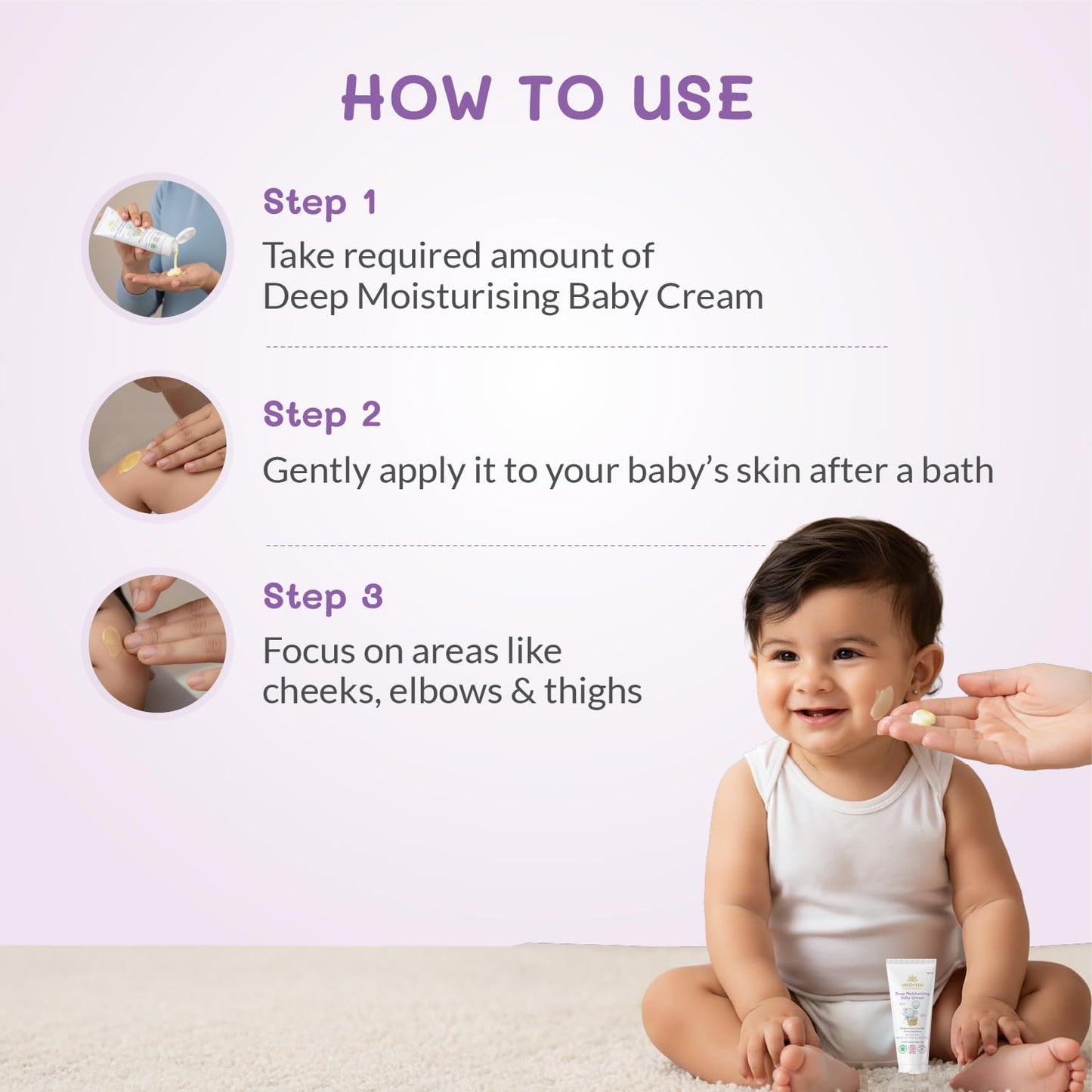 AreoVeda Deep Moisturising Baby Cream (50gm) | 72Hrs Hydration | Suitable for Baby's Dry Skin | With Shea Butter & Saffron Extract | Non-Sticky | For 0-5 Years | Ecocert Certified, EWG Verified