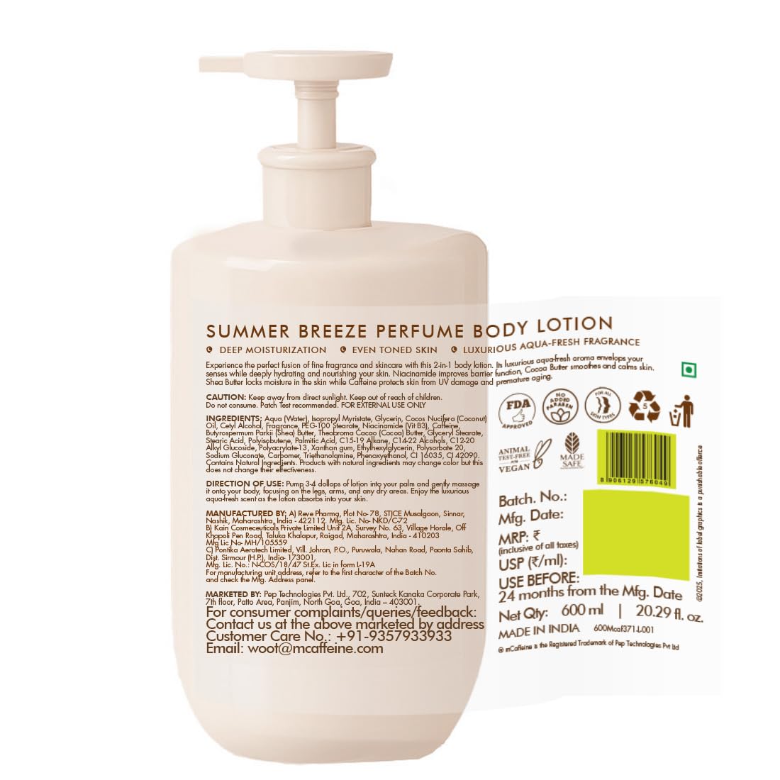 mCaffeine Summer Breeze Perfume Body Lotion| Niacinamide, Cocoa Butter & Shea Butter For Deep Moisturization | Lightweight, Non-Sticky | Aqua-Fresh Beachy Fragrance | Body Lotion For Dry Skin - 600ml
