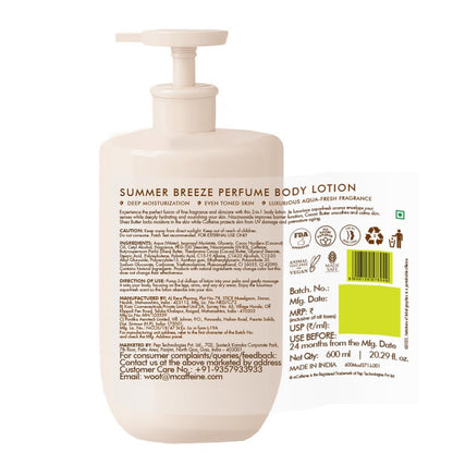 mCaffeine Summer Breeze Perfume Body Lotion| Niacinamide, Cocoa Butter & Shea Butter For Deep Moisturization | Lightweight, Non-Sticky | Aqua-Fresh Beachy Fragrance | Body Lotion For Dry Skin - 600ml