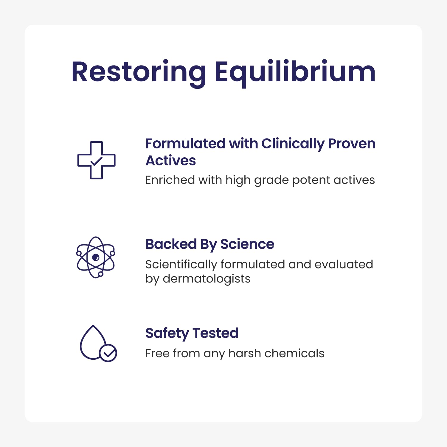 Text on a white background about restoring equilibrium with clinically proven actives, science backing, and safety testing.