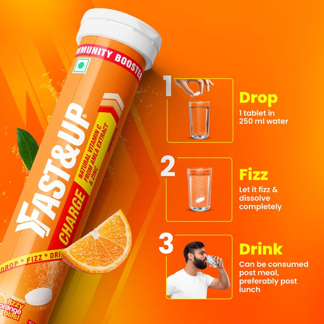 FAST&UP Charge vitamin supplement packaging with usage instructions on an orange background