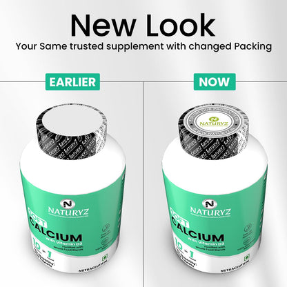 Comparison of NaturaZy Calcium supplement packaging, earlier and now, on a white background.