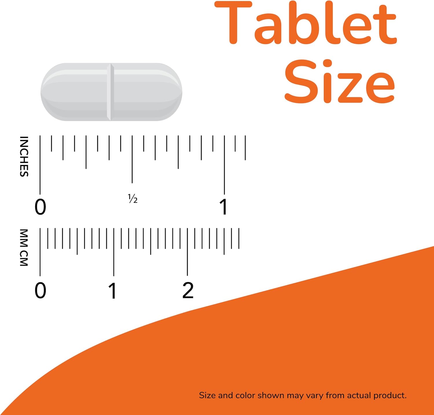 White pill with a ruler and text indicating tablet size on an orange background