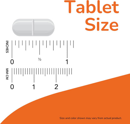 White pill with a ruler and text indicating tablet size on an orange background