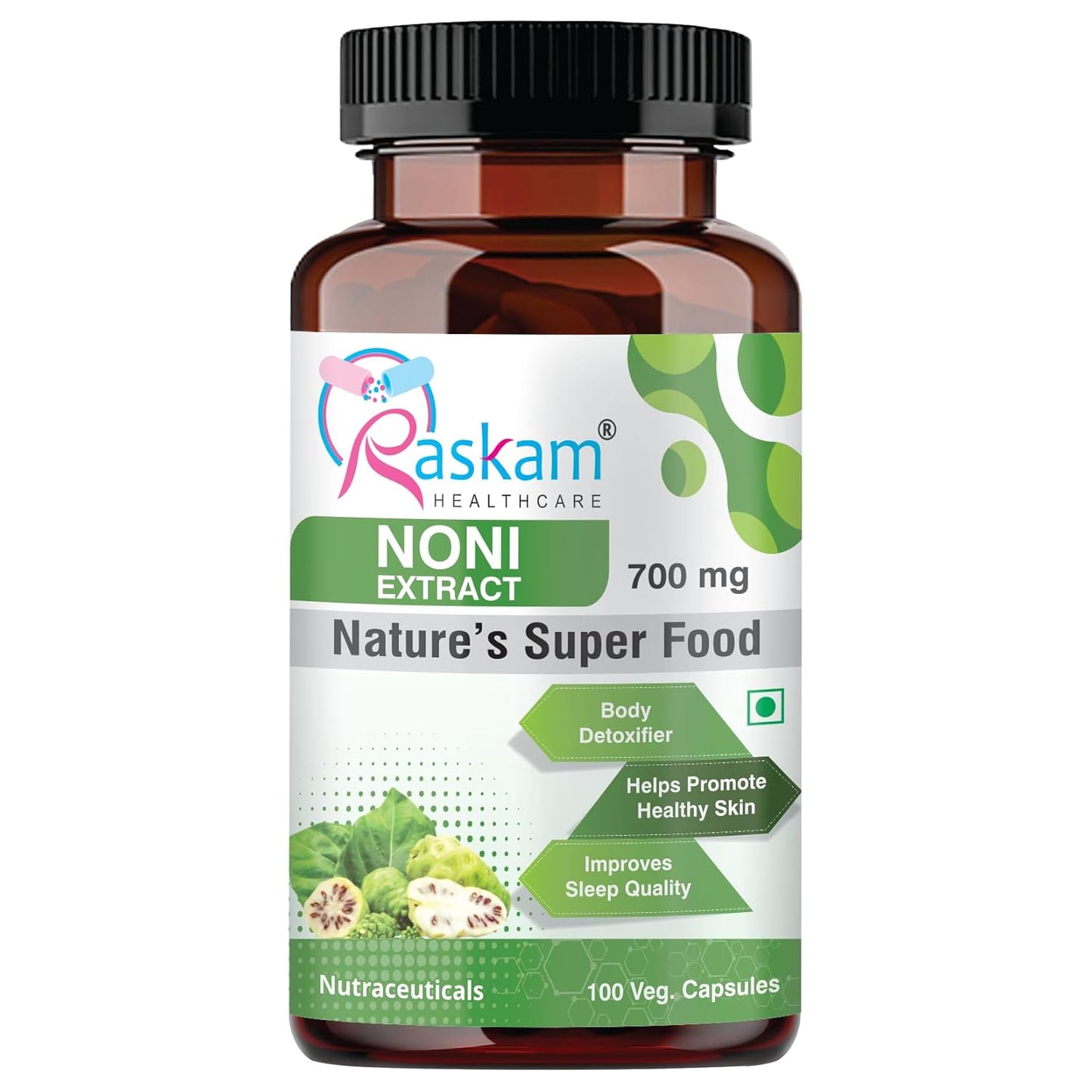 Bottle of Raskam Noni Extract on a white background