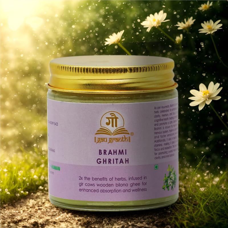 cow ved GauGranth Brahmi Gritah A2 Gir Cow Ghee – 100ml (Pack of 1) | Traditional Wooden Bilona Desi Ghee | Infused with Brahmi for Brain Health, Memory, Focus & Stress Relief | Grassfed, 100% Pure & Natural | Glass Jar Packaging