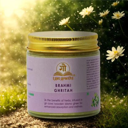 cow ved GauGranth Brahmi Gritah A2 Gir Cow Ghee – 100ml (Pack of 1) | Traditional Wooden Bilona Desi Ghee | Infused with Brahmi for Brain Health, Memory, Focus & Stress Relief | Grassfed, 100% Pure & Natural | Glass Jar Packaging