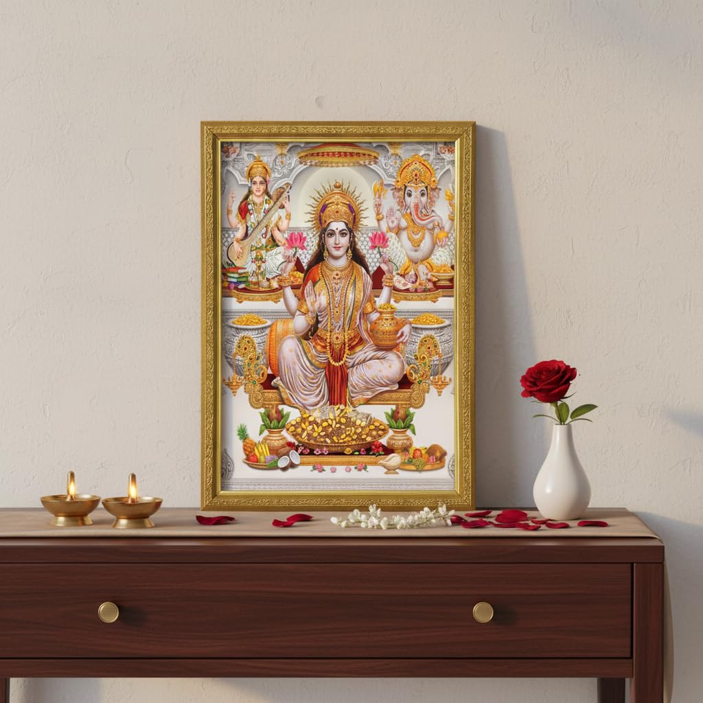Lakshmi With Ganesha and Saraswati Photo Painting with Golden Frame for Temple - (14 x 12 Inches)