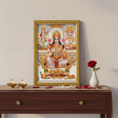 Lakshmi With Ganesha and Saraswati Photo Painting with Golden Frame for Temple - (14 x 12 Inches)