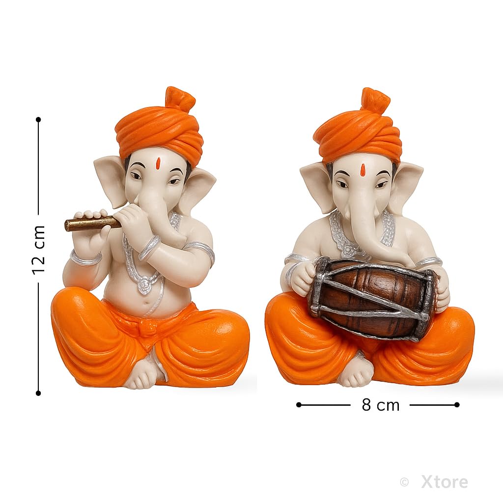 Xtore Musical Ganesha Pair for Home Decor Handicraft Resin| Brings Prosperity - (Orange and White, Pack of 2)(Resin)
