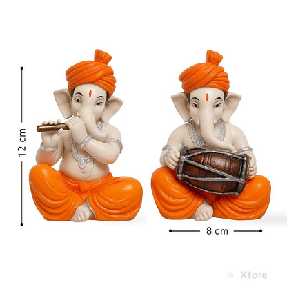 Xtore Musical Ganesha Pair for Home Decor Handicraft Resin| Brings Prosperity - (Orange and White, Pack of 2)(Resin)