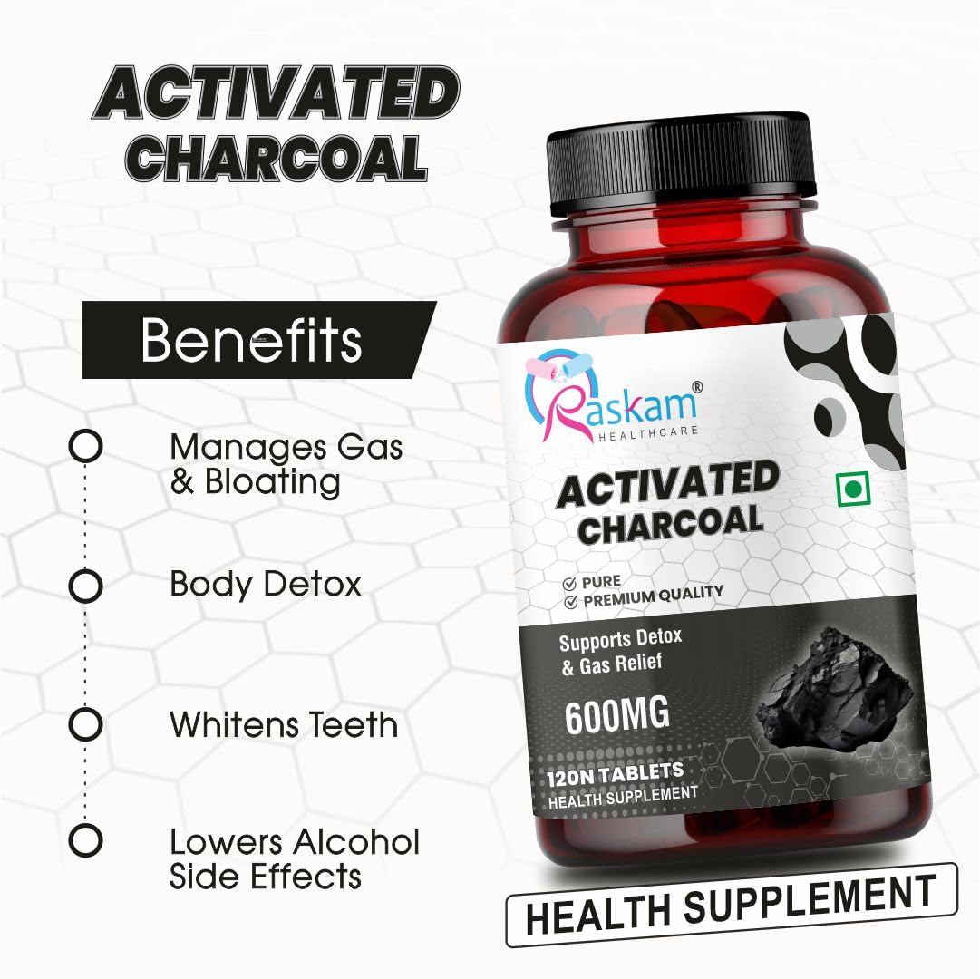 Activated Charcoal 600mg – Natural Detox & Digestive Cleanser | Supports Bloating Relief & Gas | 120 Vegan Tablets