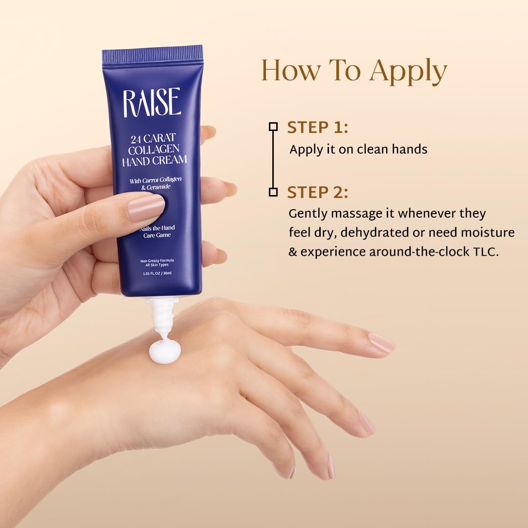 Raise 24 Carat Collagen Hand Cream | Anti-Aging Moisturizer for Hands with Niacinamide, Ceramides & Carrot Collagen | Fades Wrinkles & Fine Lines | 30ml