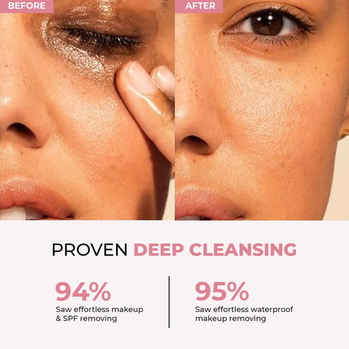 Before and after comparison of deep cleansing with text indicating effectiveness.