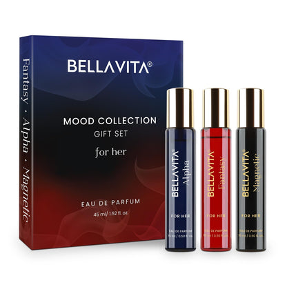 Bellavita Mood Collection gift set with three perfume bottles on a white background