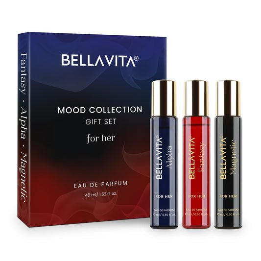 Bellavita Mood Collection gift set with three perfume bottles on a white background