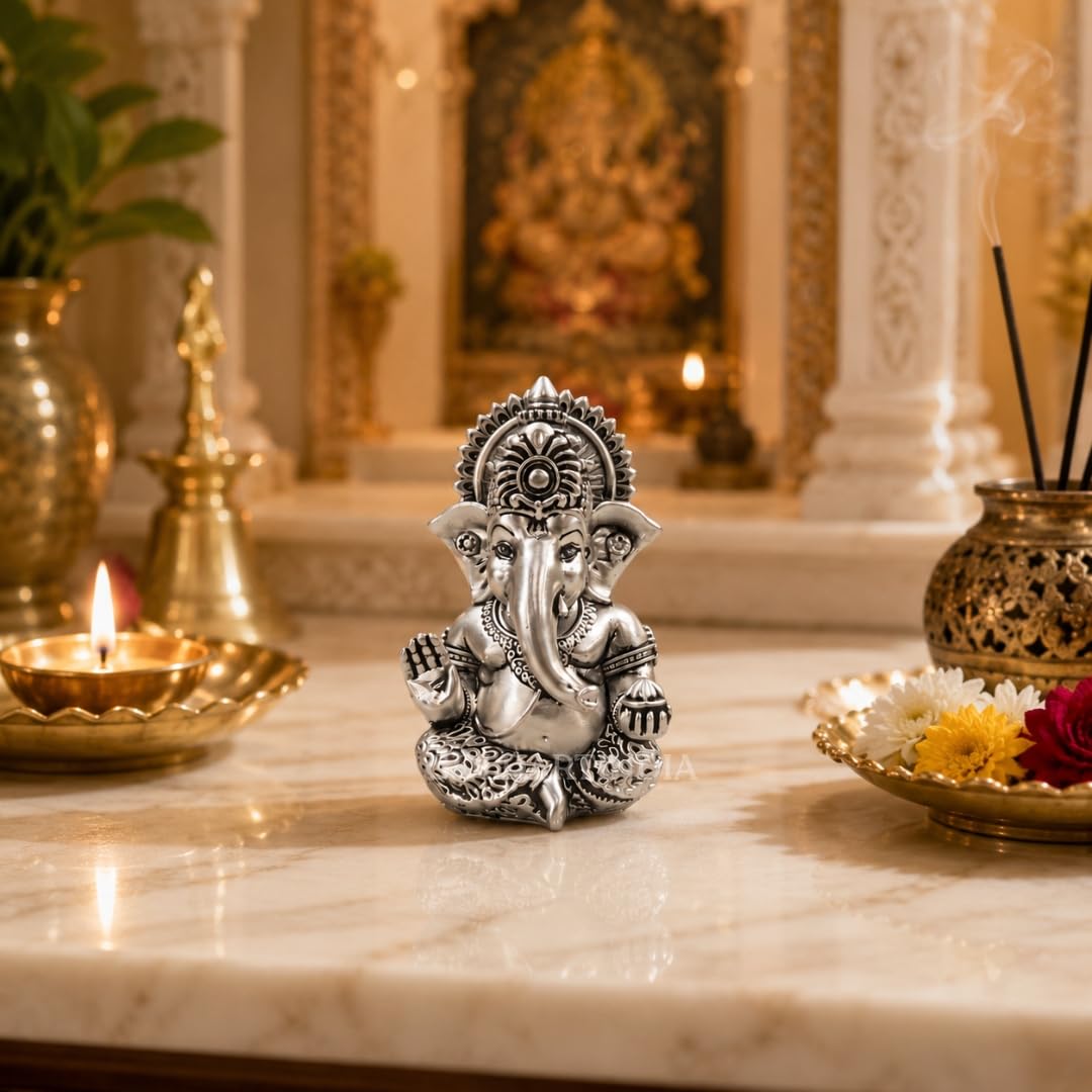 Gold Art India Ganesh Idol 999 Silver Plated Antique Matte | 3 x 2 Inch Ganesha Murti with Peacock Blue Velvet Gift Box | Home Temple, Office Desk & Spiritual Gift