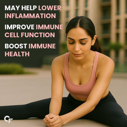 Woman in athletic wear stretching outdoors with health benefits text overlay