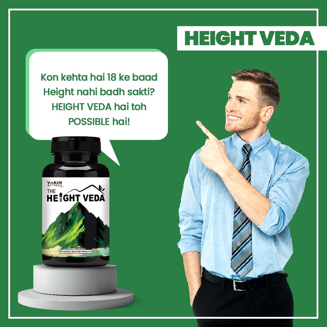 HEIGHT VEDA supplement bottle with a man pointing to it on a green background
