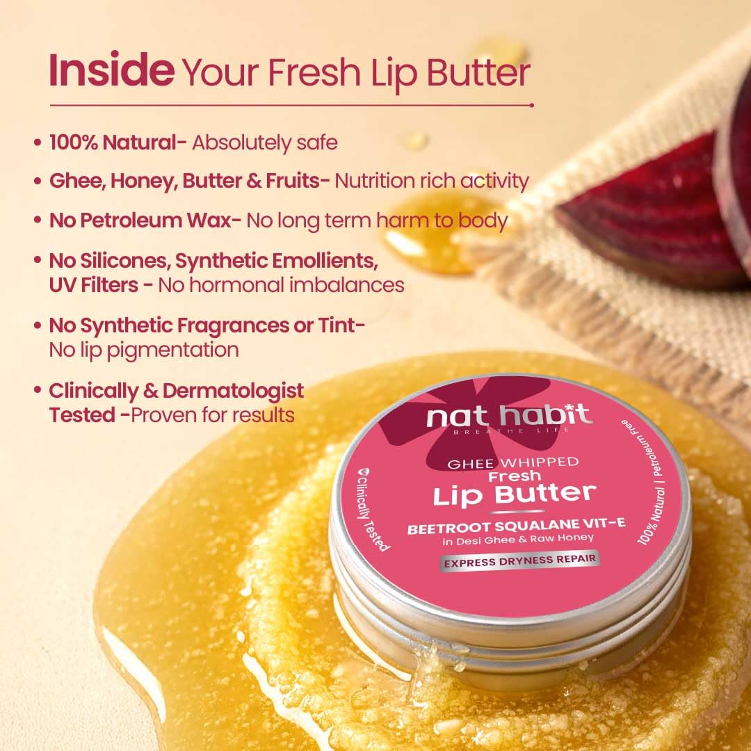Nat Habit Lip Butter with Fresh Beetroot, Squalane, Desi Ghee & Raw Honey | Natural Lip Balm for Pink Lips, Intense Nourishment & Chapped Lips | 10g