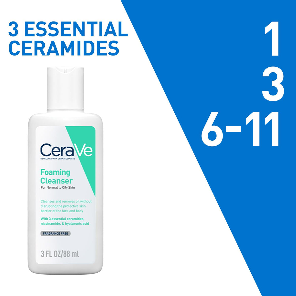 CeraVe foaming cleanser bottle with blue and white design elements on a white background